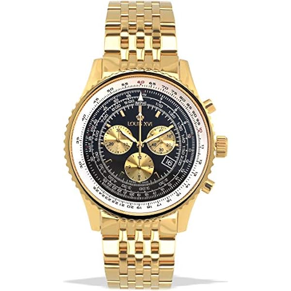Louis XVI Artagnan Herrkronograf analog kvartsklocka i 982 rostfritt stål med stålrem, guld och svart, Armband